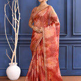 Pinkish Orange Floral Printed Tissue Saree