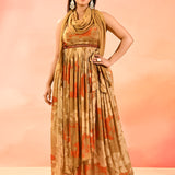 Amber Bloom Printed Silk Blend Anarkali Dress With Shawl