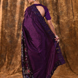 Dark Purple Embroidered Satin Silk Saree