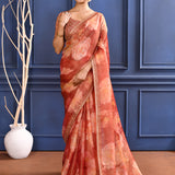 Pinkish Orange Floral Printed Tissue Saree