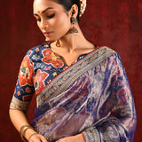 Metallic Blue Tissue Foil Printed Saree