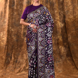 Dark Purple Floral Embroidered Silk Blend Saree