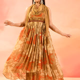 Amber Bloom Printed Silk Blend Anarkali Dress With Shawl