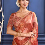 Pinkish Orange Floral Printed Tissue Saree