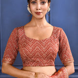 Pinkish Orange Floral Printed Tissue Saree
