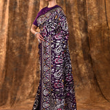 Dark Purple Floral Embroidered Silk Blend Saree