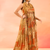 Amber Bloom Printed Silk Blend Anarkali Dress With Shawl