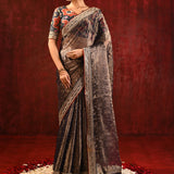 Dark Stone Brown Tissue Foil Printed Saree