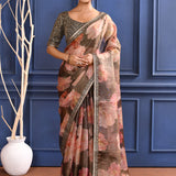 Charcoal Grey Floral Printed Tissue Saree