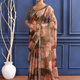 Charcoal Grey Floral Printed Tissue Saree