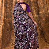 Dark Purple Floral Embroidered Silk Blend Saree