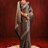 Dark Stone Brown Tissue Foil Printed Saree