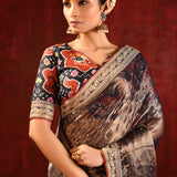 Dark Stone Brown Tissue Foil Printed Saree