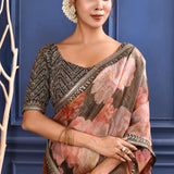 Charcoal Grey Floral Printed Tissue Saree