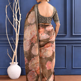 Charcoal Grey Floral Printed Tissue Saree