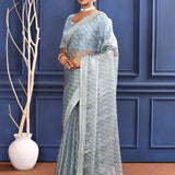 Bright Blue Printed Tissue Saree