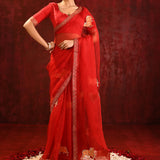 Crimson Red Embroidered Organza Gomatha Saree
