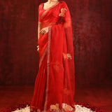 Crimson Red Embroidered Organza Gomatha Saree