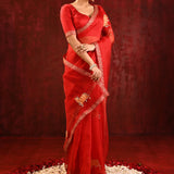 Crimson Red Embroidered Organza Gomatha Saree
