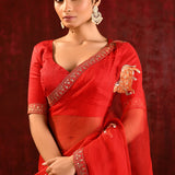 Crimson Red Embroidered Organza Gomatha Saree