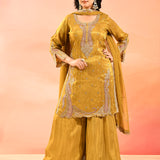 Mustard Yellow Tissue Embroidery Straight Cut Suit