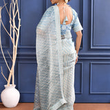 Bright Blue Printed Tissue Saree