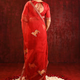 Crimson Red Embroidered Organza Gomatha Saree