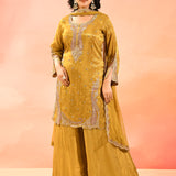 Mustard Yellow Tissue Embroidery Straight Cut Suit