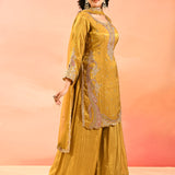 Mustard Yellow Tissue Embroidery Straight Cut Suit
