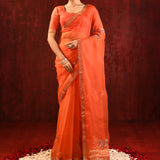 Bright Orange Embroidered Gomatha Organza Saree