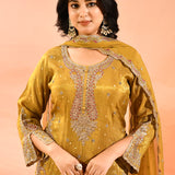 Mustard Yellow Tissue Embroidery Straight Cut Suit