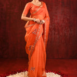 Bright Orange Embroidered Gomatha Organza Saree