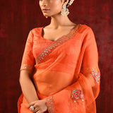 Bright Orange Embroidered Gomatha Organza Saree