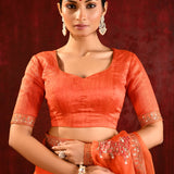 Bright Orange Embroidered Gomatha Organza Saree