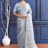Aqua Blue Printed Tissue Saree