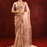 Beige Gold Embroidered Tissue Gomatha Saree