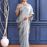 Aqua Blue Printed Tissue Saree