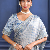 Aqua Blue Printed Tissue Saree