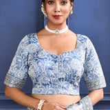 Aqua Blue Printed Tissue Saree