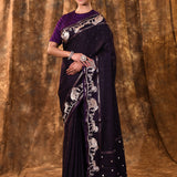 Raisin Purple Embroidered Tussar Silk Saree