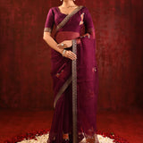Dark Burgundy Embroidered Gomatha Organza Saree