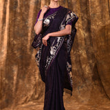 Raisin Purple Embroidered Tussar Silk Saree