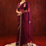 Dark Burgundy Embroidered Gomatha Organza Saree