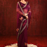 Dark Burgundy Embroidered Gomatha Organza Saree