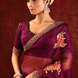 Dark Burgundy Embroidered Gomatha Organza Saree