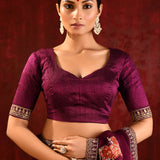 Dark Burgundy Embroidered Gomatha Organza Saree