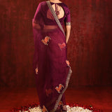Dark Burgundy Embroidered Gomatha Organza Saree