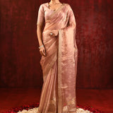 Pastel Gold Embroidered Gomatha Tissue Saree
