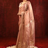 Pastel Gold Embroidered Gomatha Tissue Saree