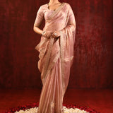 Pastel Gold Embroidered Gomatha Tissue Saree